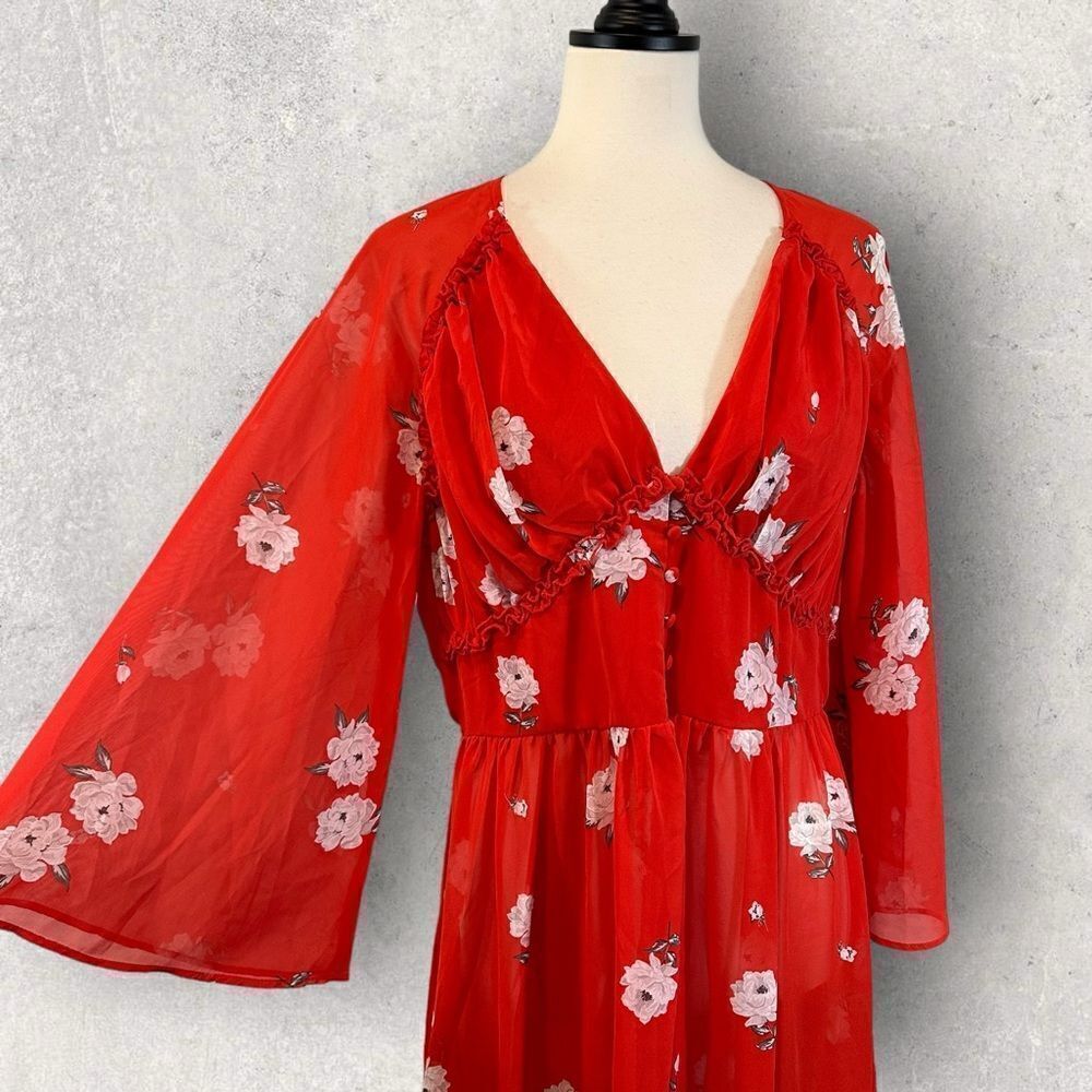 NWT Divided H&M Red Sheer Dress V-Neck Chiffon Floral Print Size 10 - Picture 7 of 11